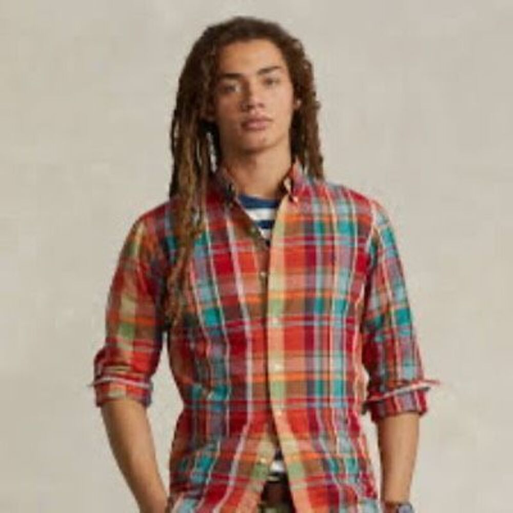 Ralph Lauren Classic Fit Sz L Plaid Linen Blend Button Down Shirt
